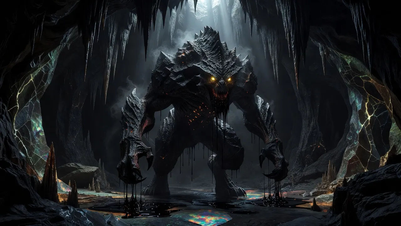 Hulking creature looming from cave shadows
