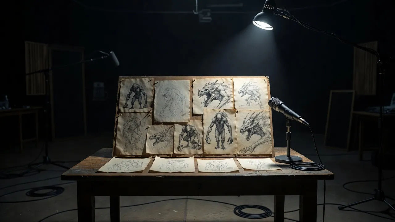 Sound stage with a creature concept board and mic