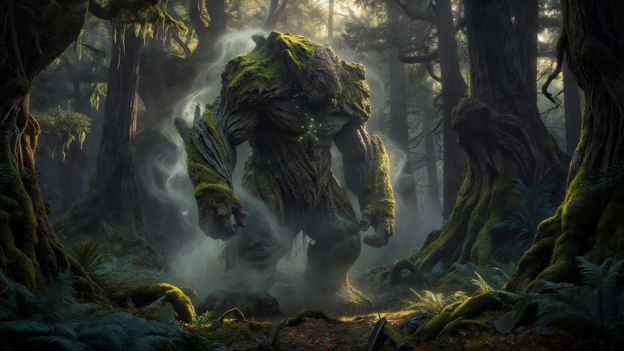 Towering forest guardian wreathed in moss and mist