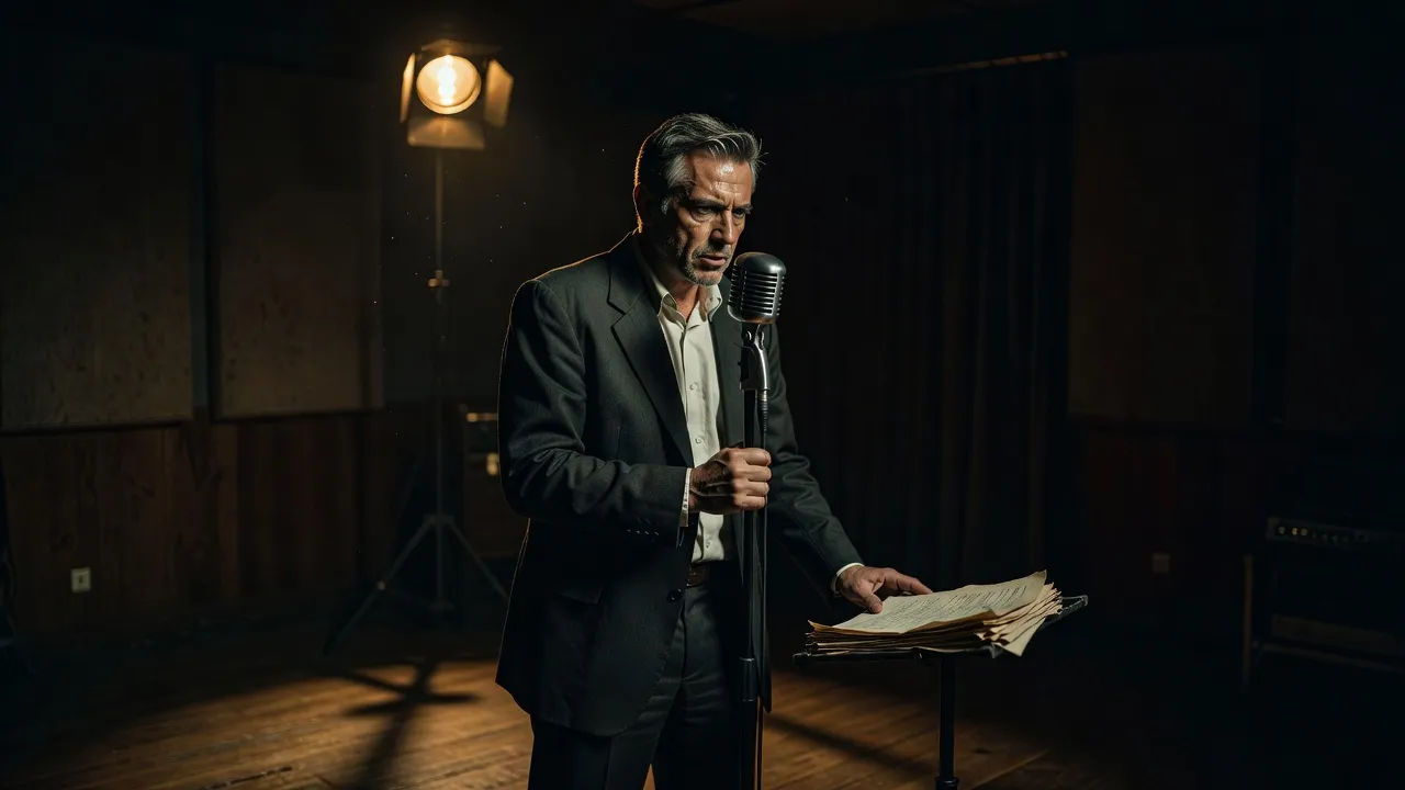 Narrator at a microphone in a dim, moody studio