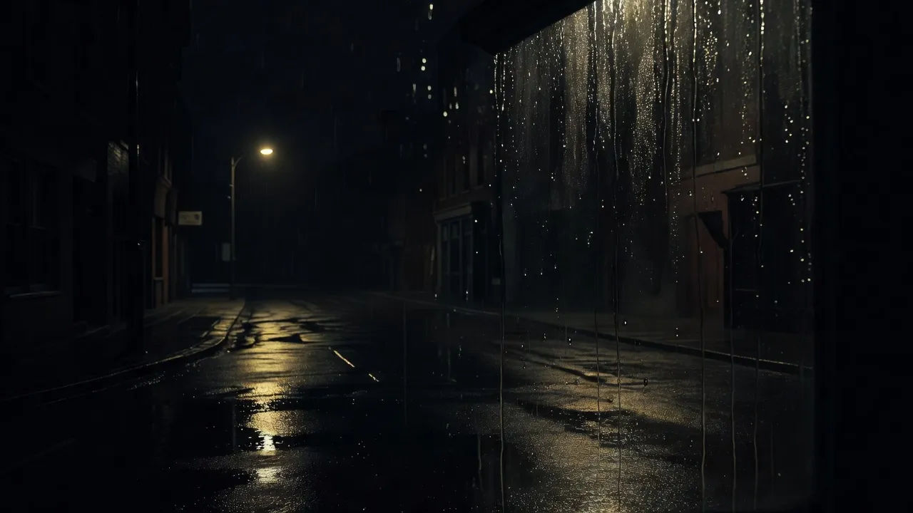Rain-streaked window over a shadowed city street