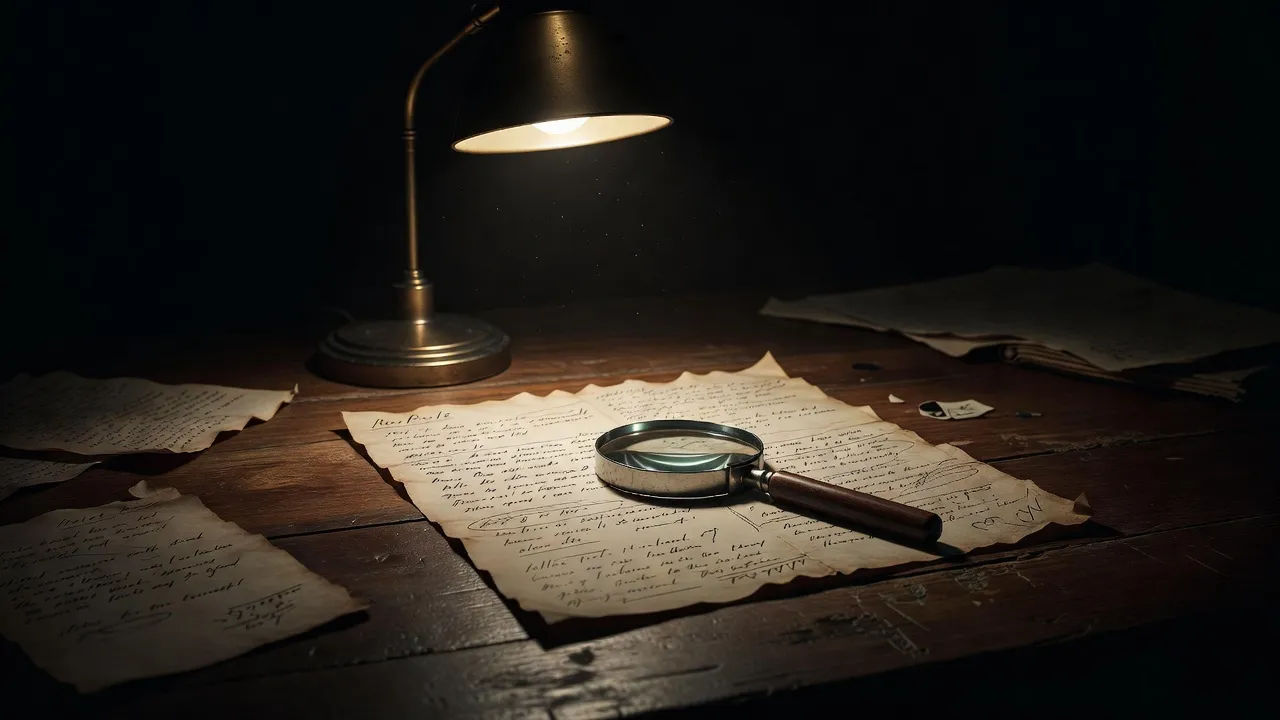 Marked-up manuscript beside a single desk lamp