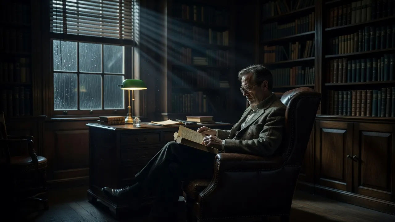 Reader in a low-lit room turning a page