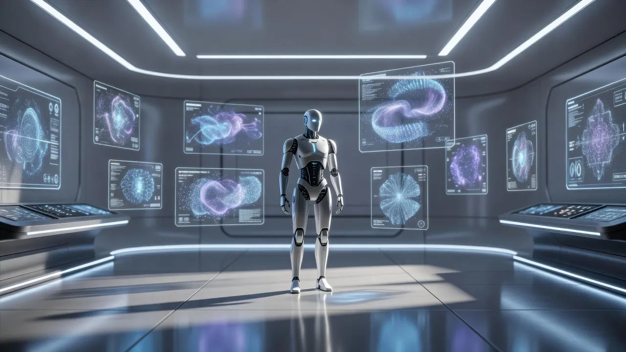 Sleek control room with glowing AI interface panels