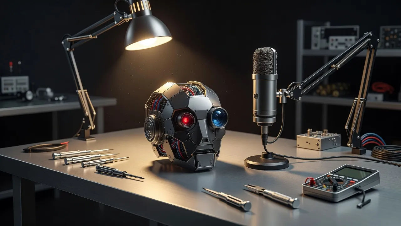 Workbench with a robot head and a studio mic
