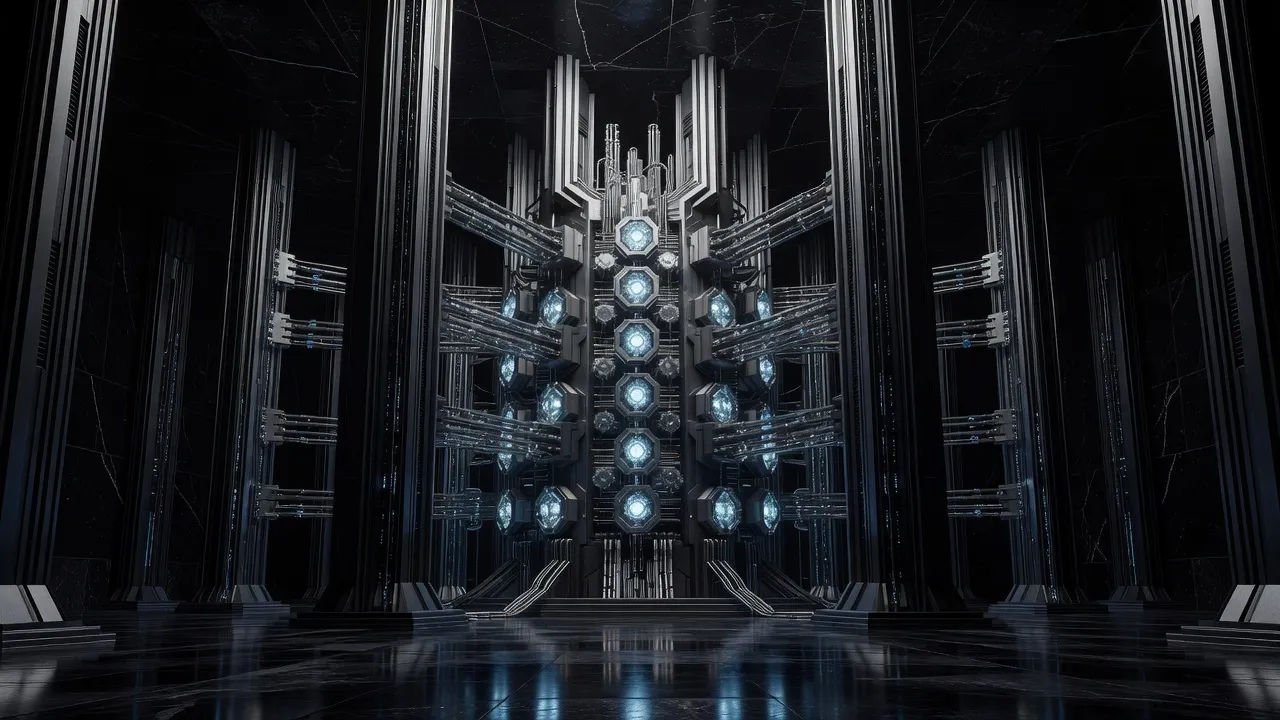 Ancient mainframe glowing in a vast dark hall