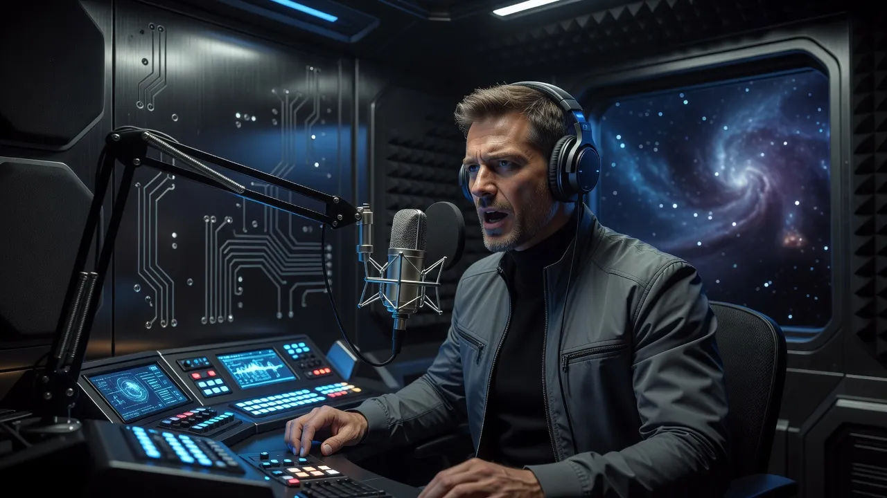 Narrator at a microphone bathed in cool console light