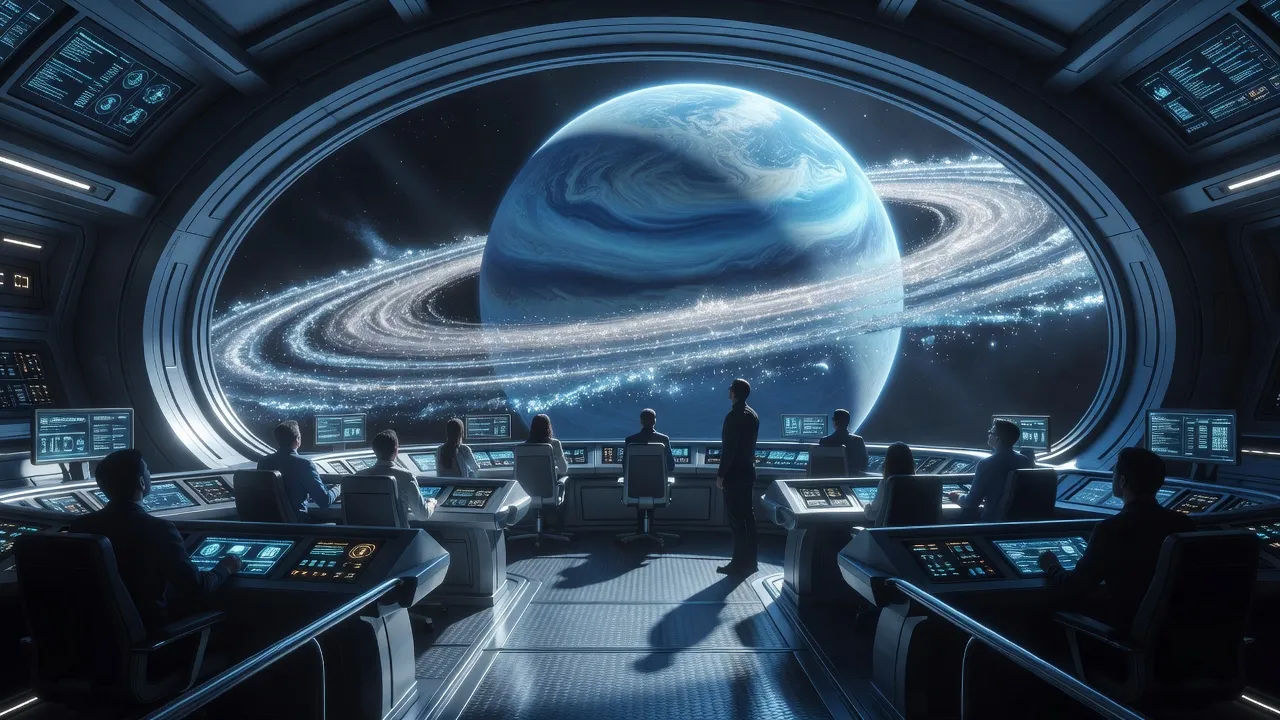 Vast starship bridge glowing over a planet