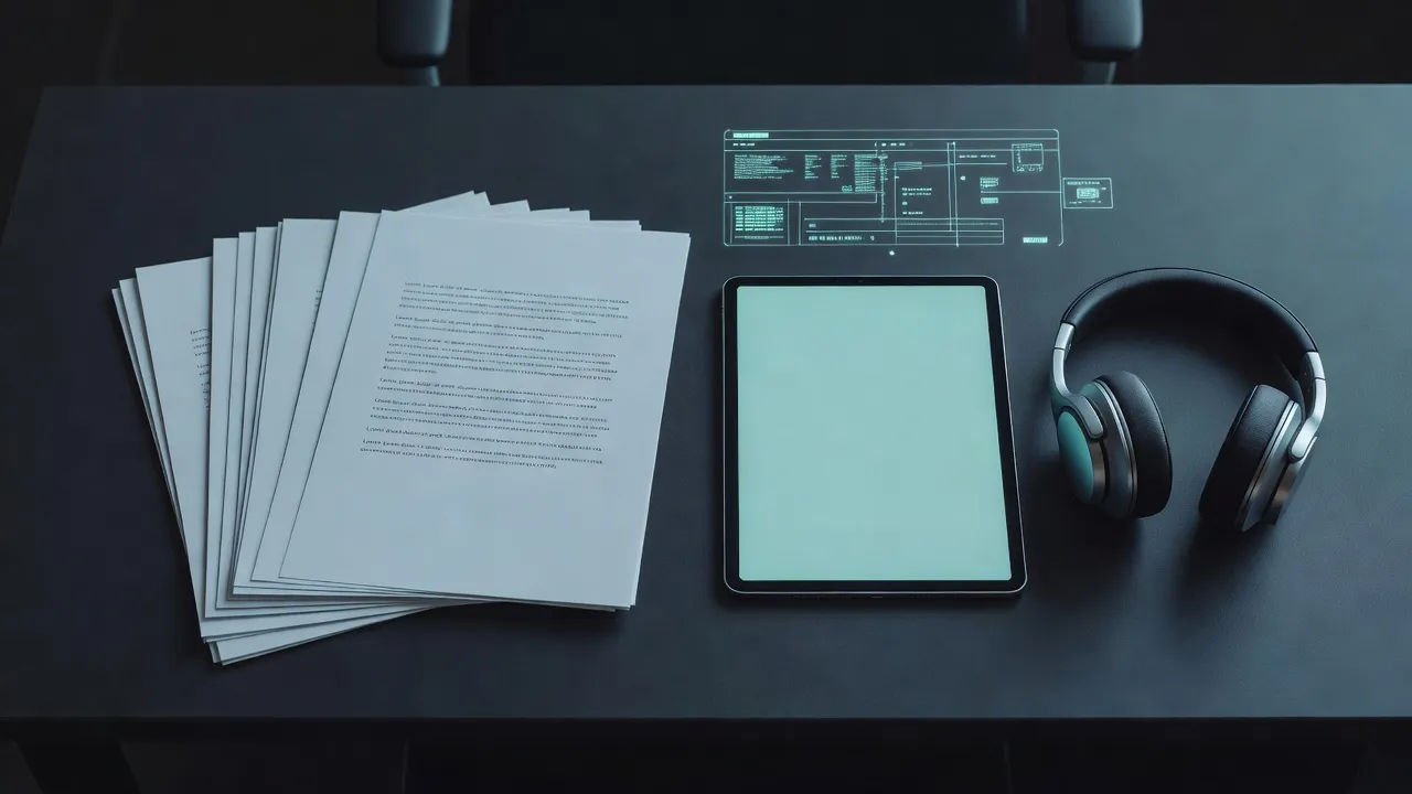 Manuscript pages beside a softly glowing tablet