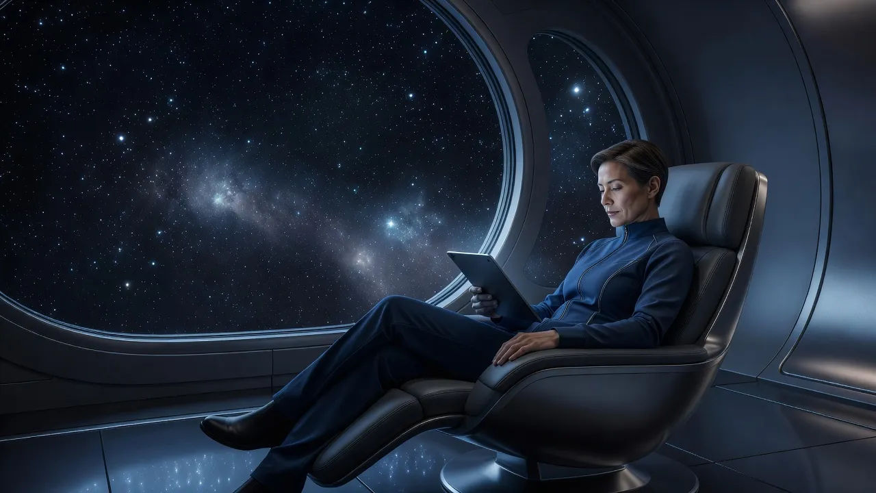 Reader in a quiet cabin with a star field outside the window