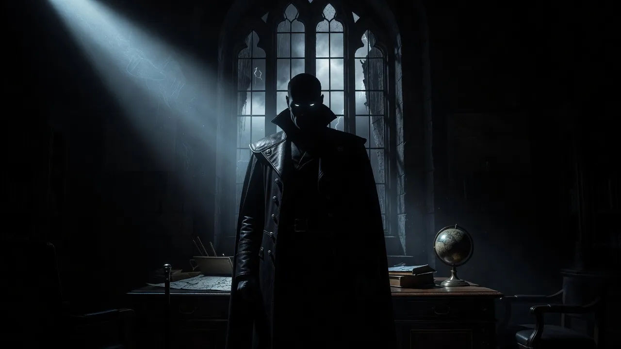 Shadowed mastermind silhouetted against a tall window