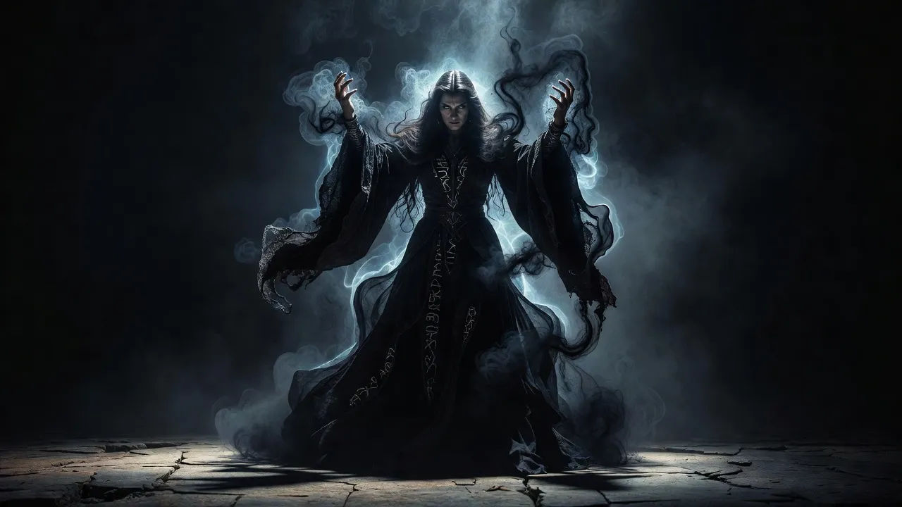 Sorceress wreathed in swirling dark mist