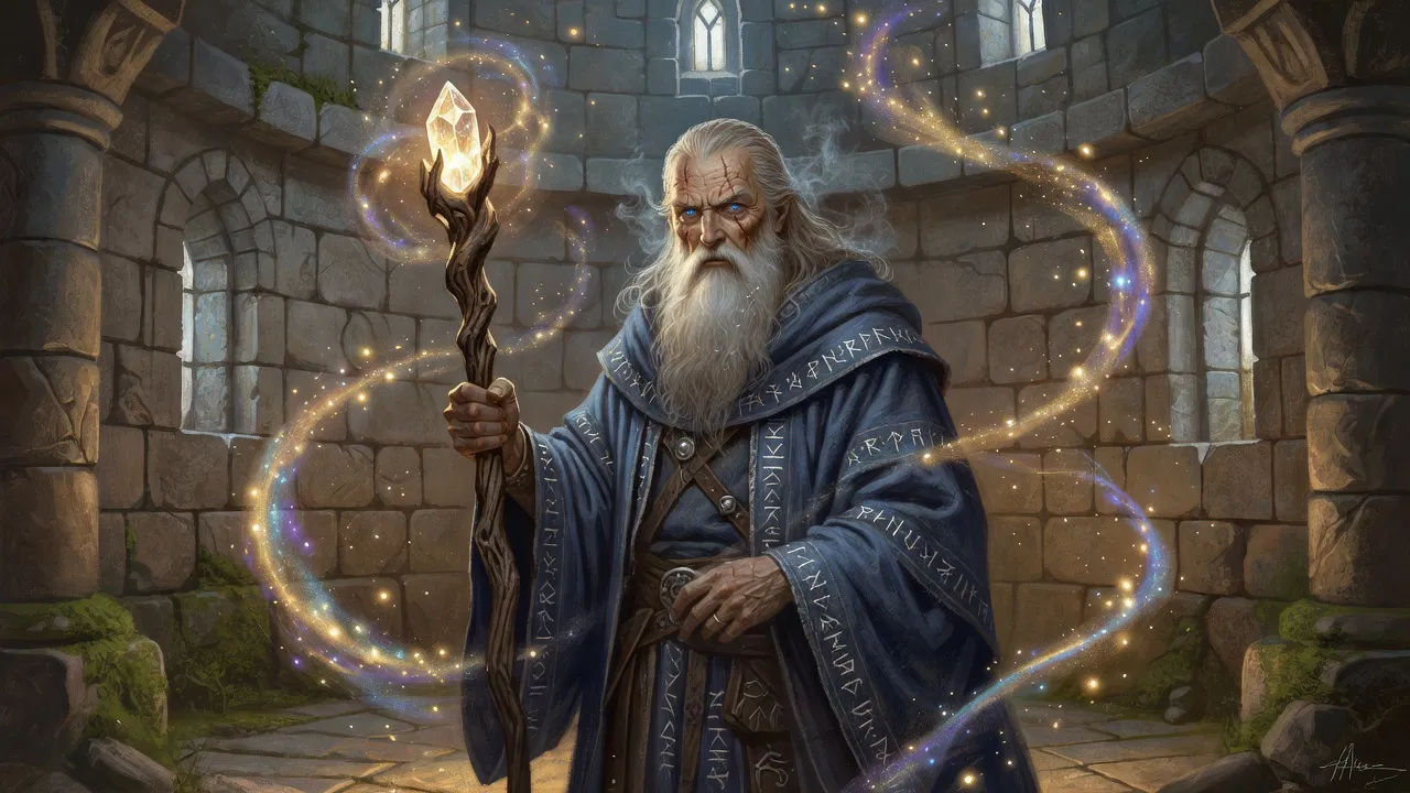 Old wizard with a glowing staff in a stone tower