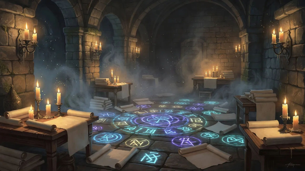 Candlelit chamber of scrolls and arcane symbols