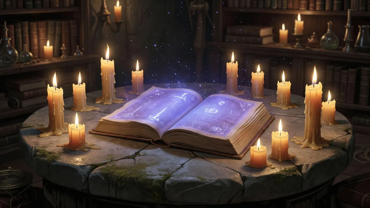 Open spellbook glowing beside a ring of candles