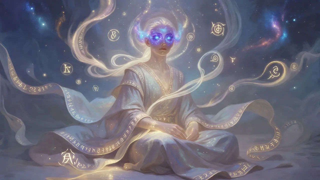 Ethereal oracle wreathed in drifting light