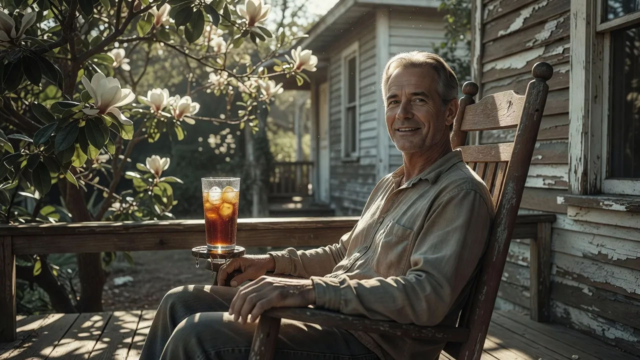 Porch-sitting Southern character speaking warmly to camera
