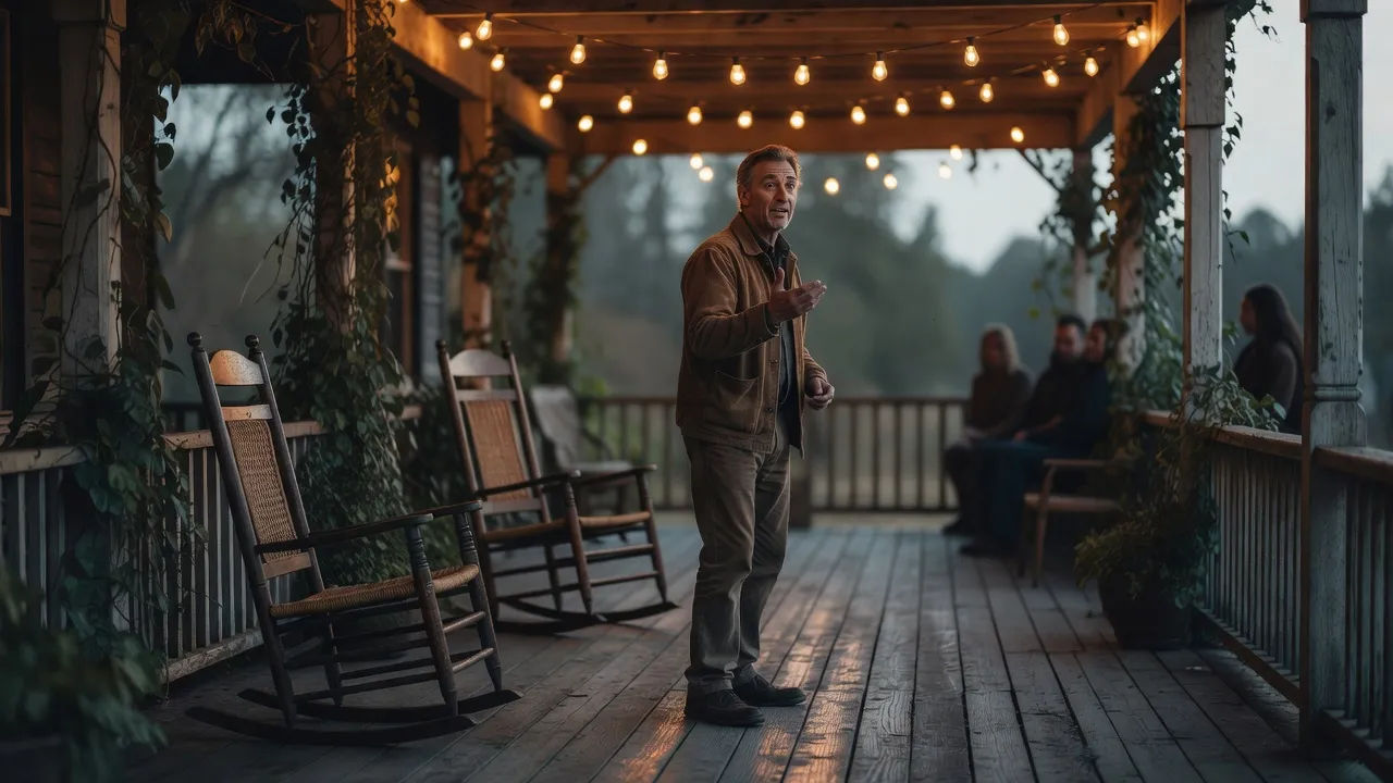 Storyteller on a wraparound porch under string lights at dusk
