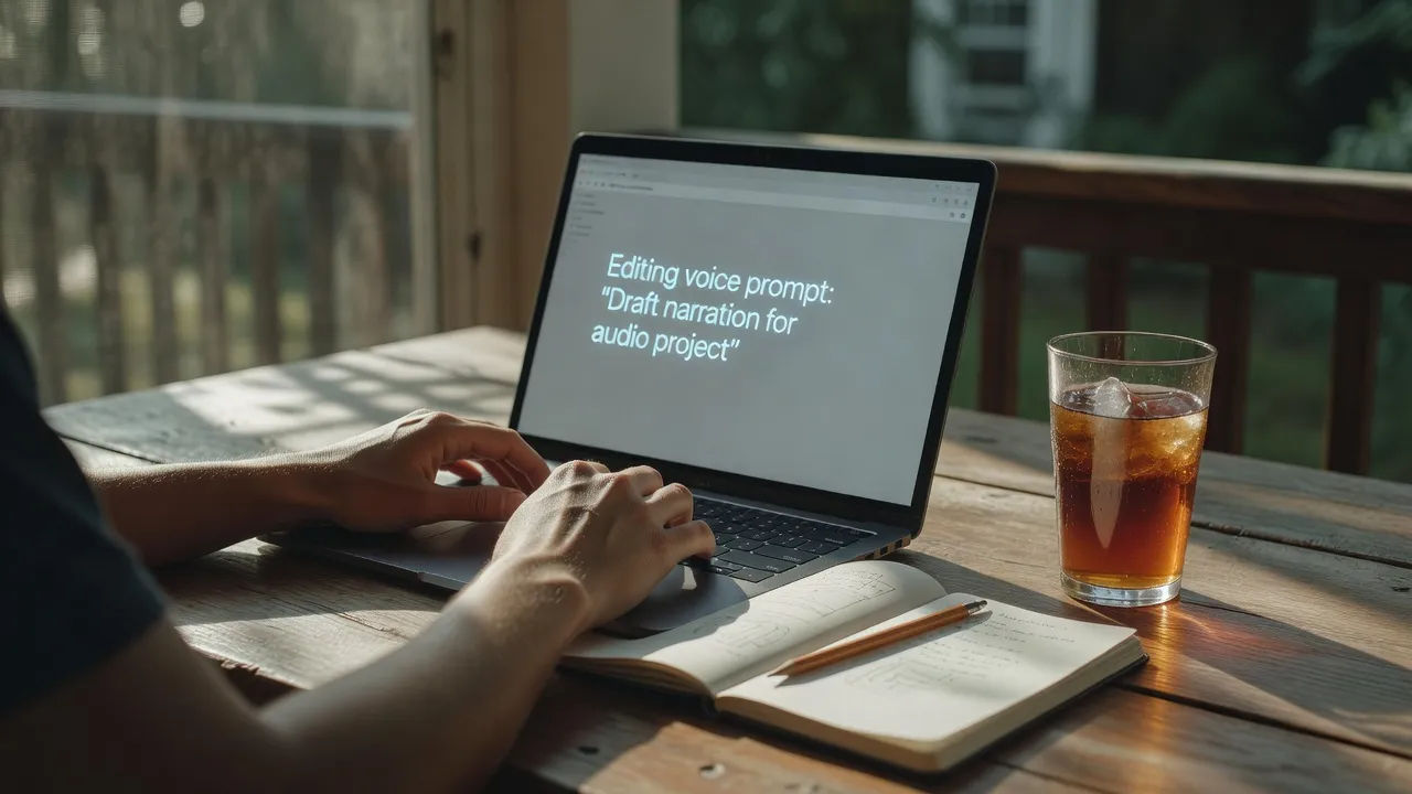 Creator editing a Southern voice prompt on a laptop