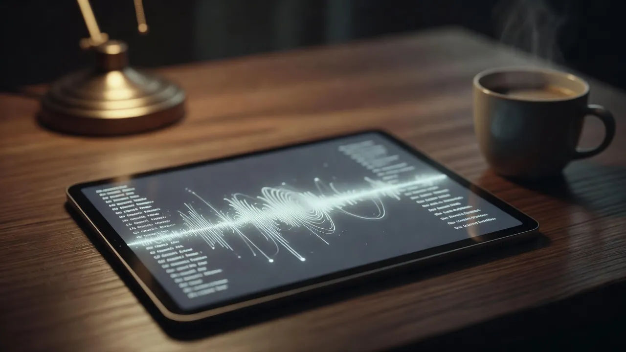 Arabic script becoming a voiceover waveform on a tablet