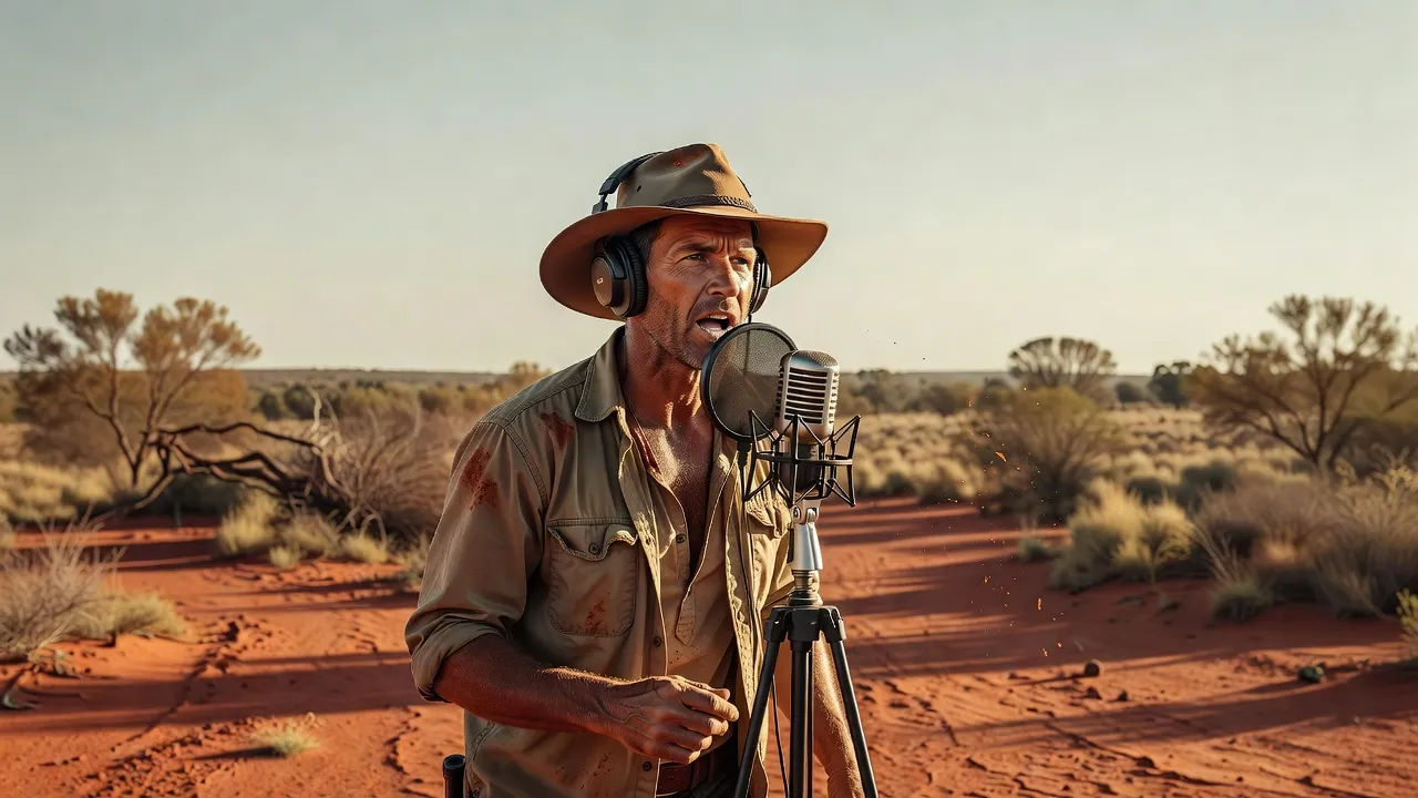 Sun-tanned adventurer in the outback speaking to camera