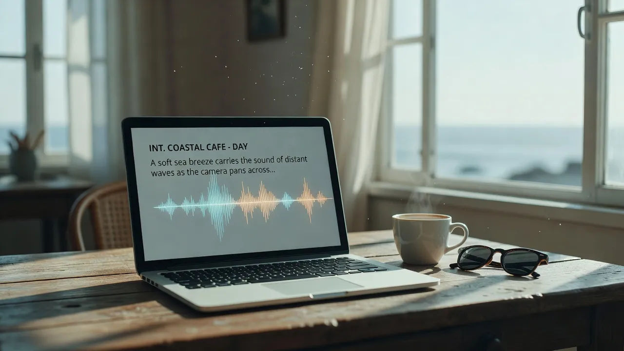 Screen showing an ad script becoming an Australian voiceover waveform