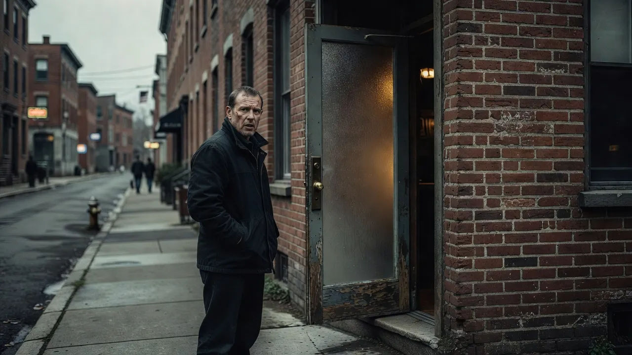Hard-edged Boston character talking to camera outside a bar