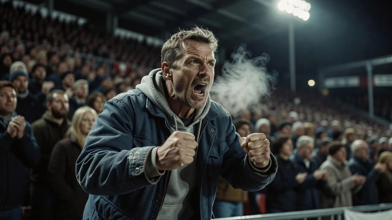 Boston sports fan in team colors shouting at a game