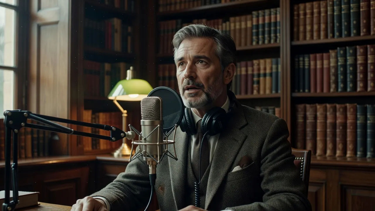 Refined character in a wood-panelled study speaking to camera
