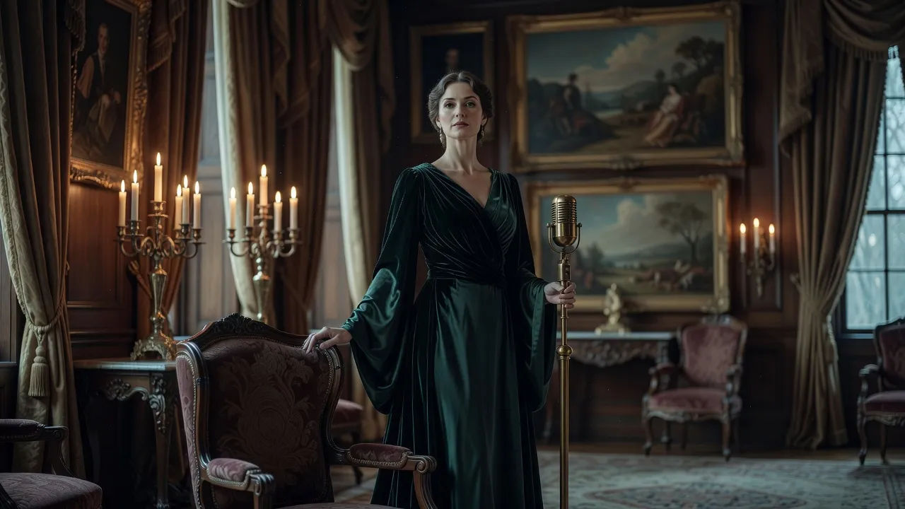 Period-drama lady in costume recording a stately narration line