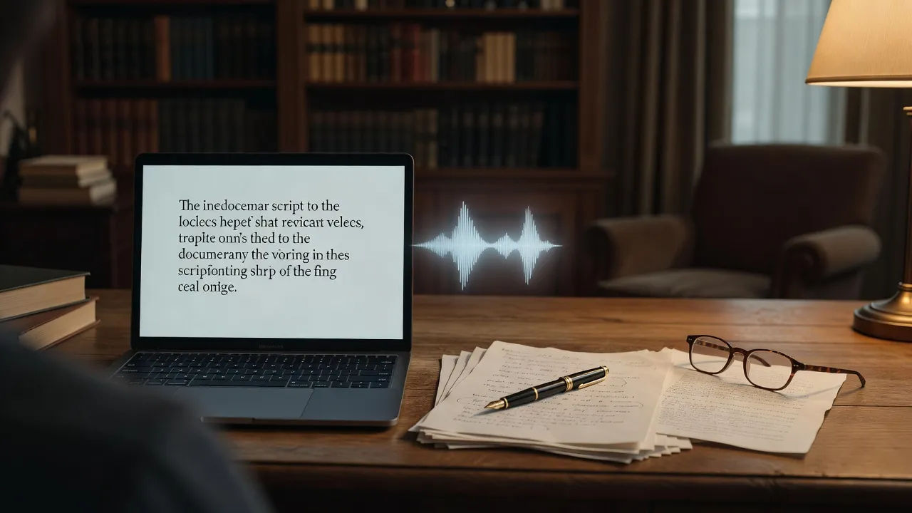 Screen showing a documentary script becoming a refined voiceover waveform