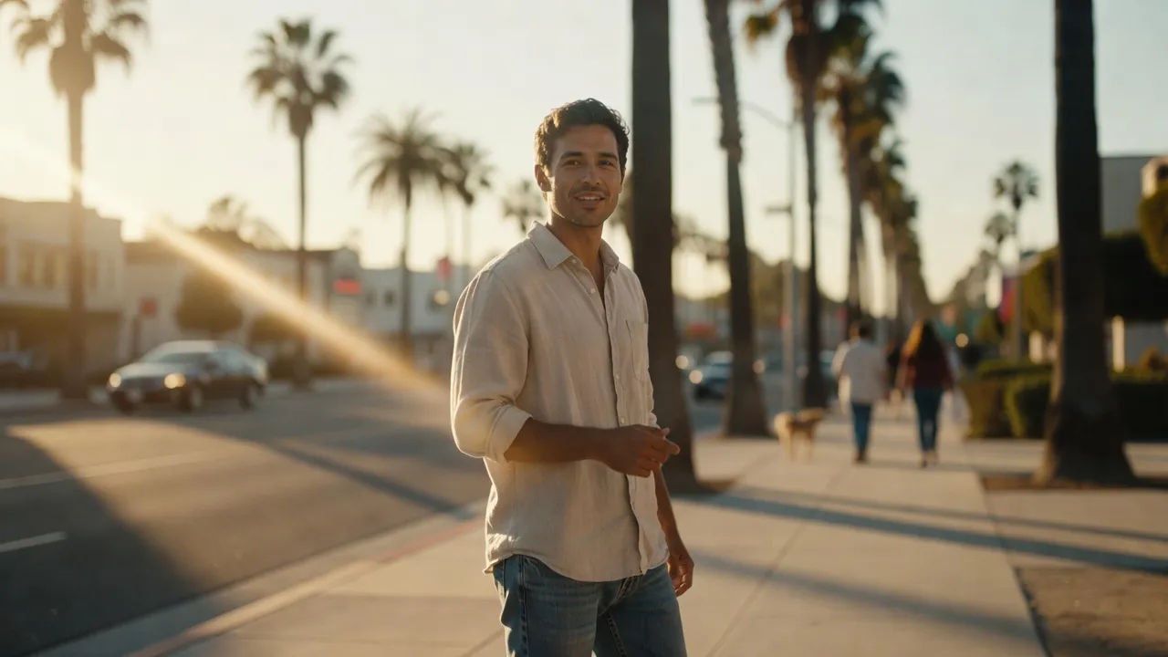 Relaxed Californian creator talking to camera in golden light
