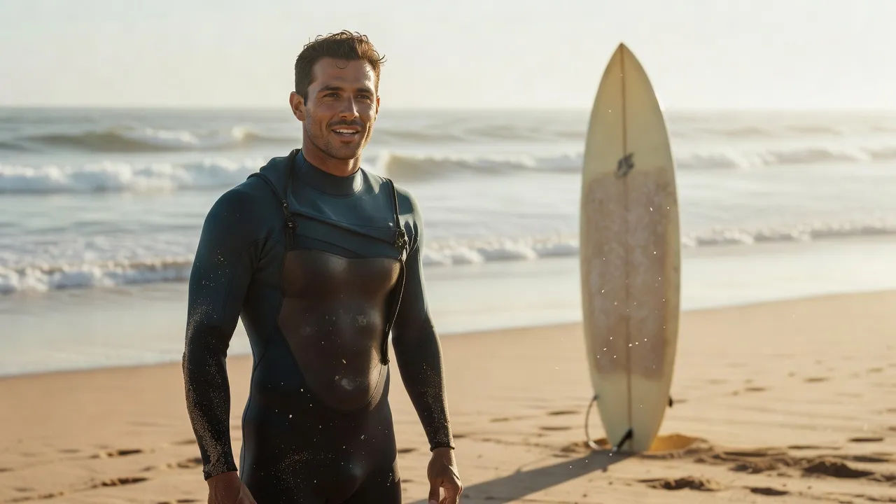 Surfer on a sunlit beach talking casually with a board nearby