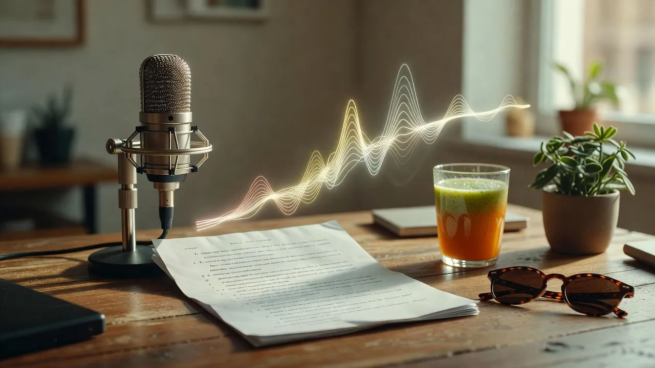 Script page becoming an upbeat Californian voiceover waveform