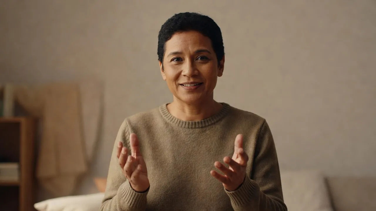 Approachable Canadian presenter explaining to camera with a soft backdrop