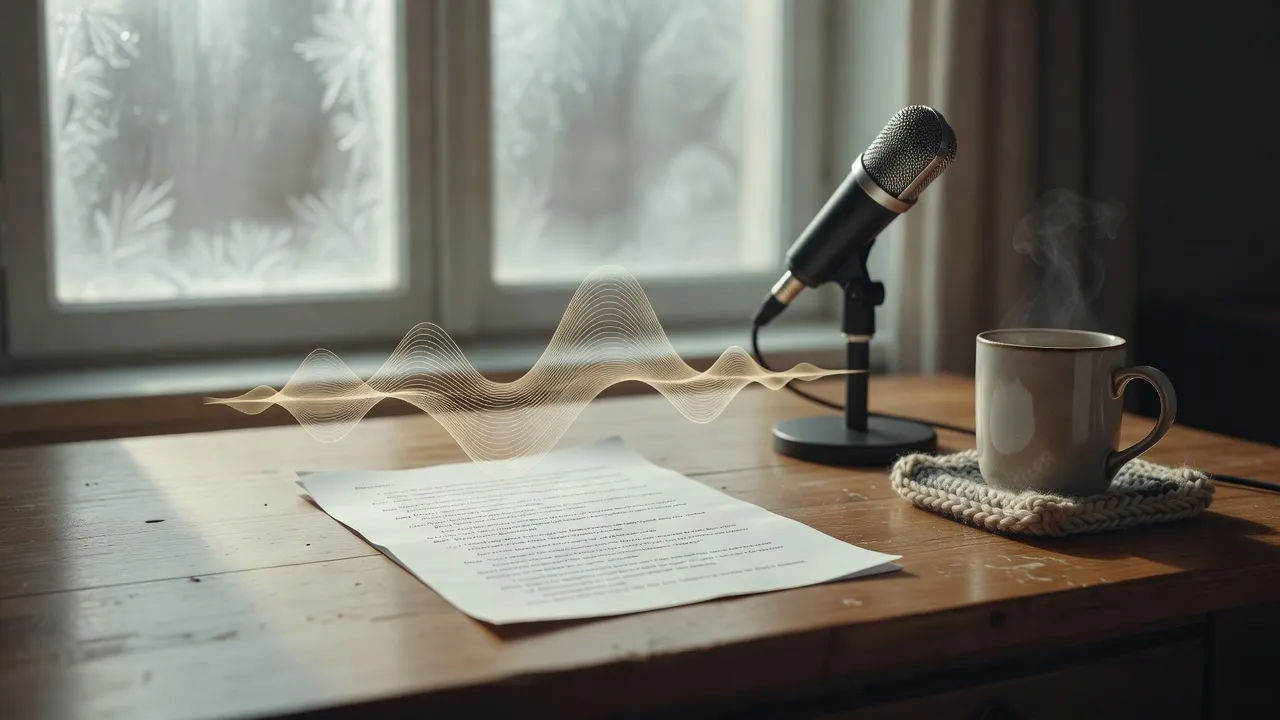 Script page becoming a warm Canadian voiceover waveform