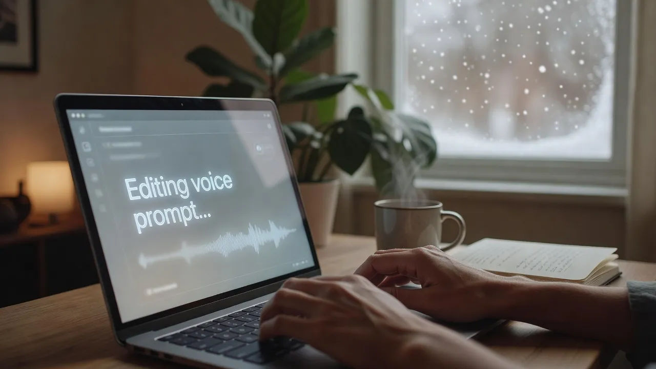 Creator editing a Canadian voice prompt on a laptop