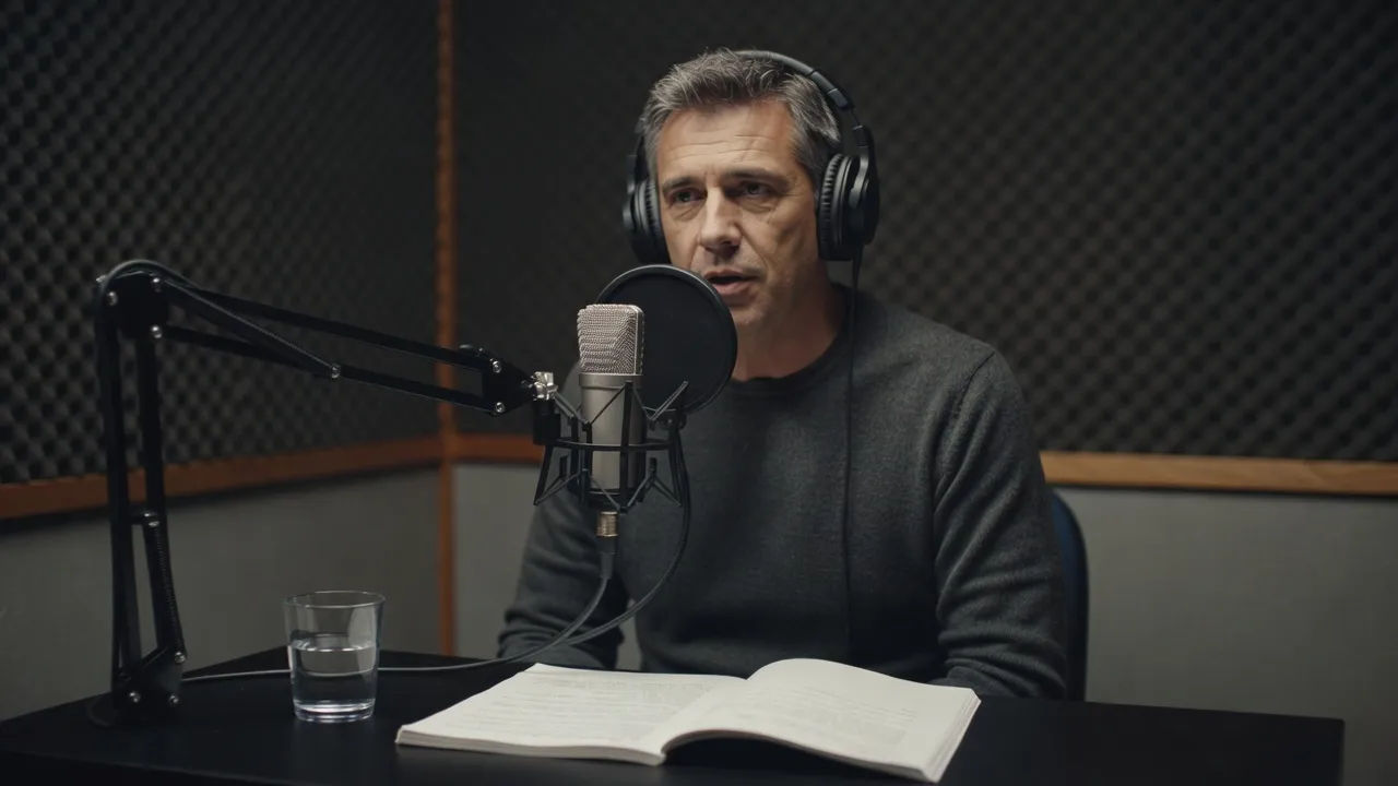 Documentary narrator recording a measured line at a studio mic