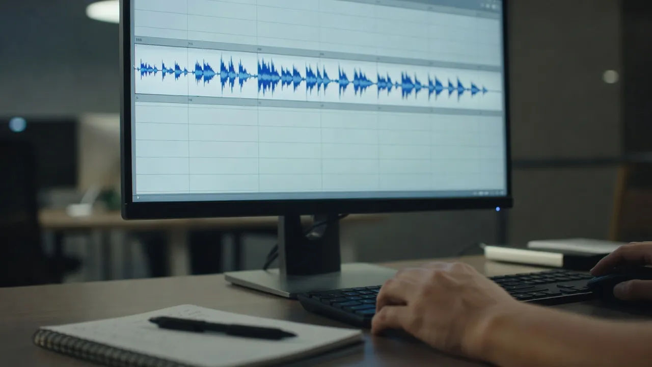 Screen showing a corporate script becoming a clear voiceover waveform