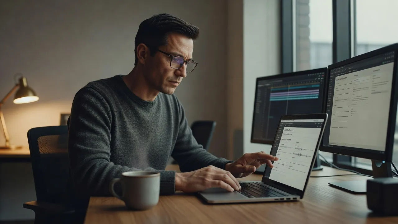 Editor adjusting a Chinese English voice prompt on a laptop