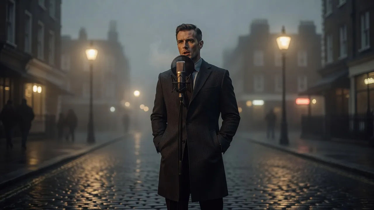 Sharp-suited character on a foggy London street speaking to camera