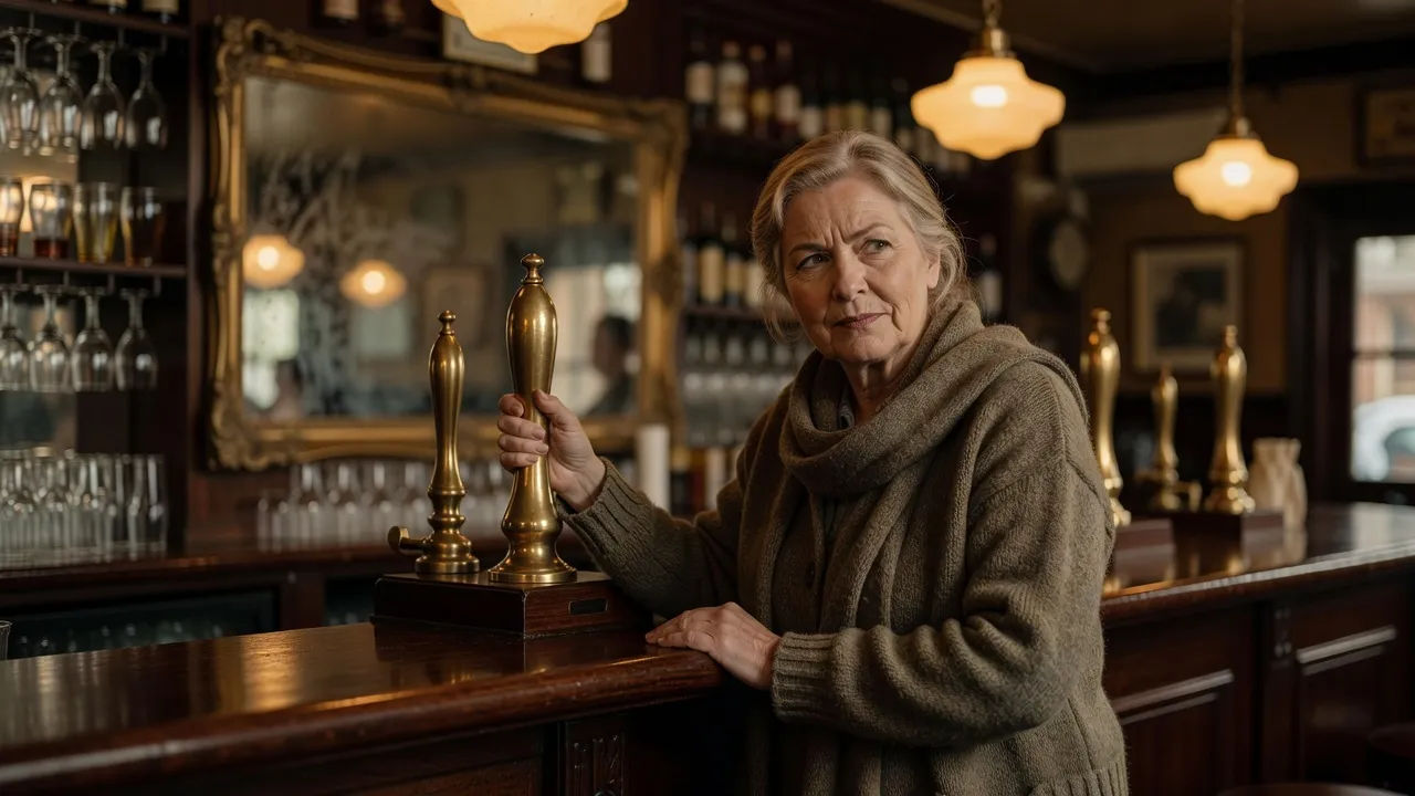 Pub landlady behind a London bar delivering a no-nonsense line