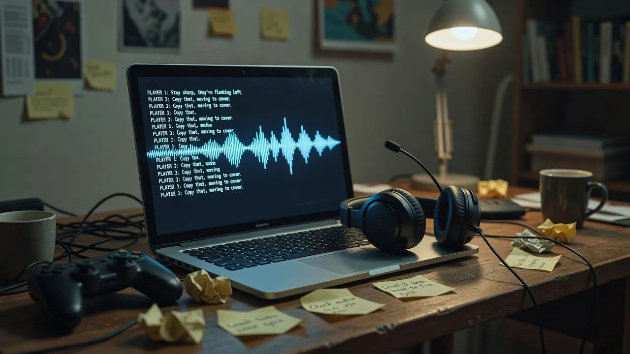 Screen showing game dialogue becoming a Cockney voiceover waveform