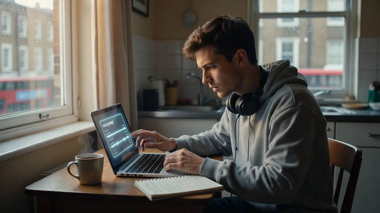 Creator adjusting a Cockney accent voice prompt on a laptop