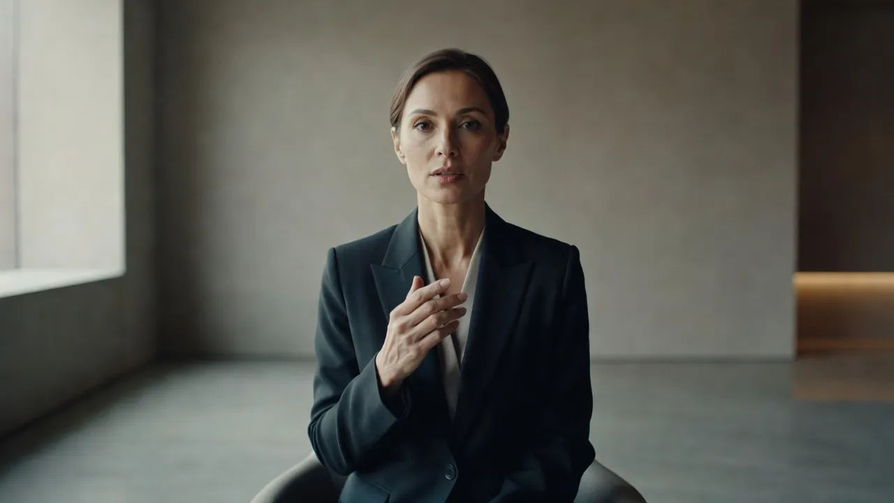 Elegant presenter speaking to camera with a soft French inflection