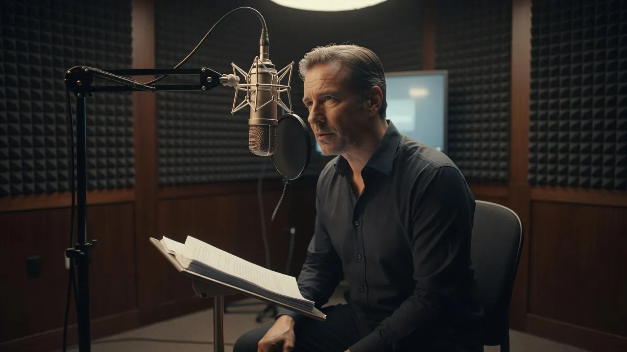 Voice actor recording French narration in a sound booth
