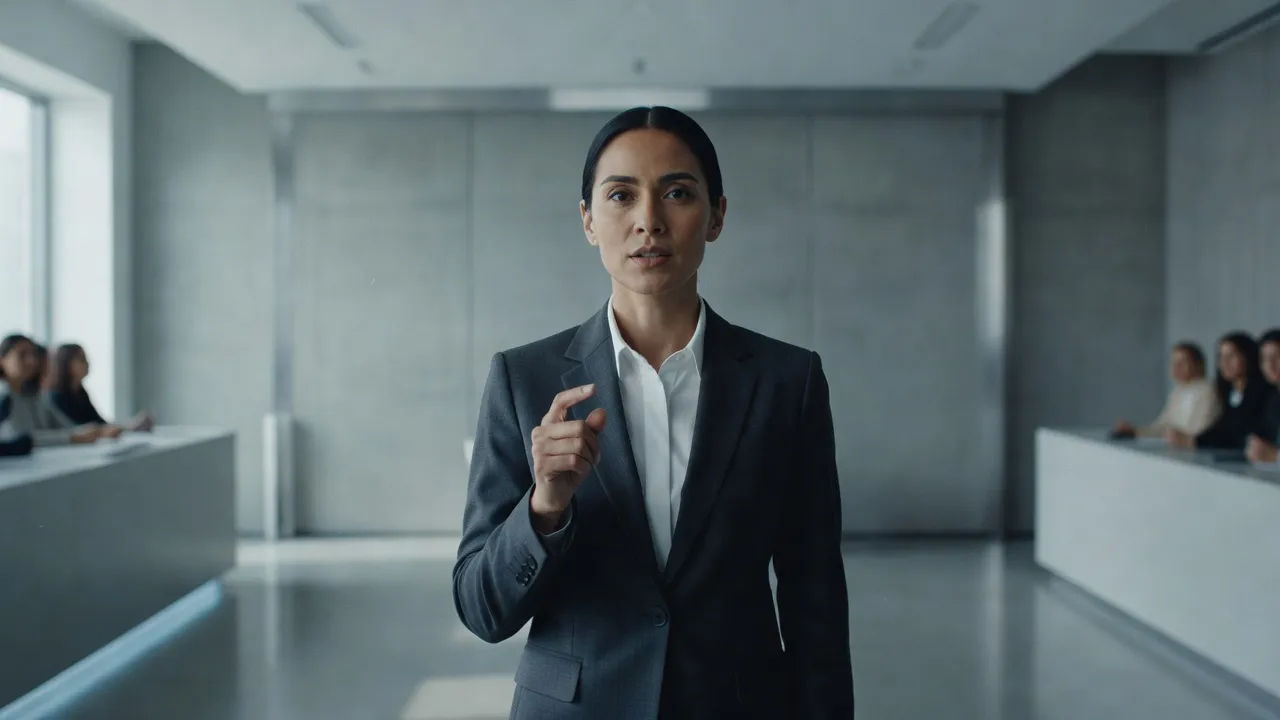 Confident presenter speaking to camera with a crisp German inflection