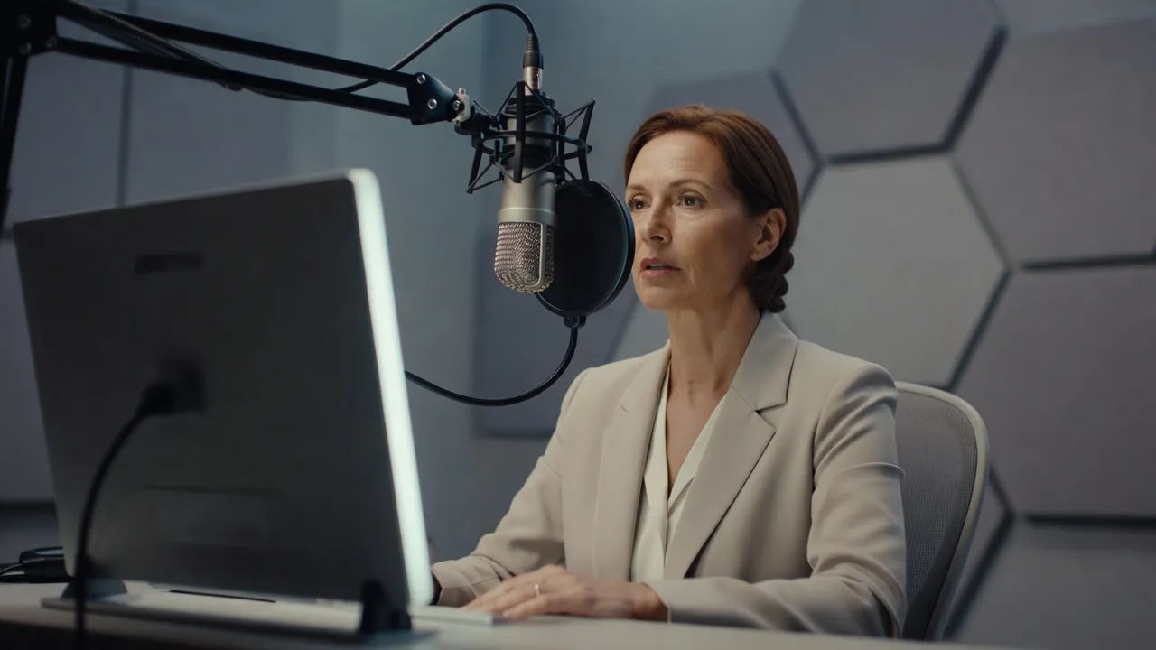 Presenter recording a German corporate voiceover in a studio