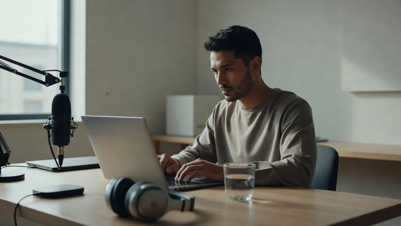 Creator editing a German voice prompt on a laptop