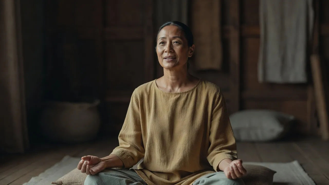 Meditation guide speaking calmly to camera in a softly lit studio